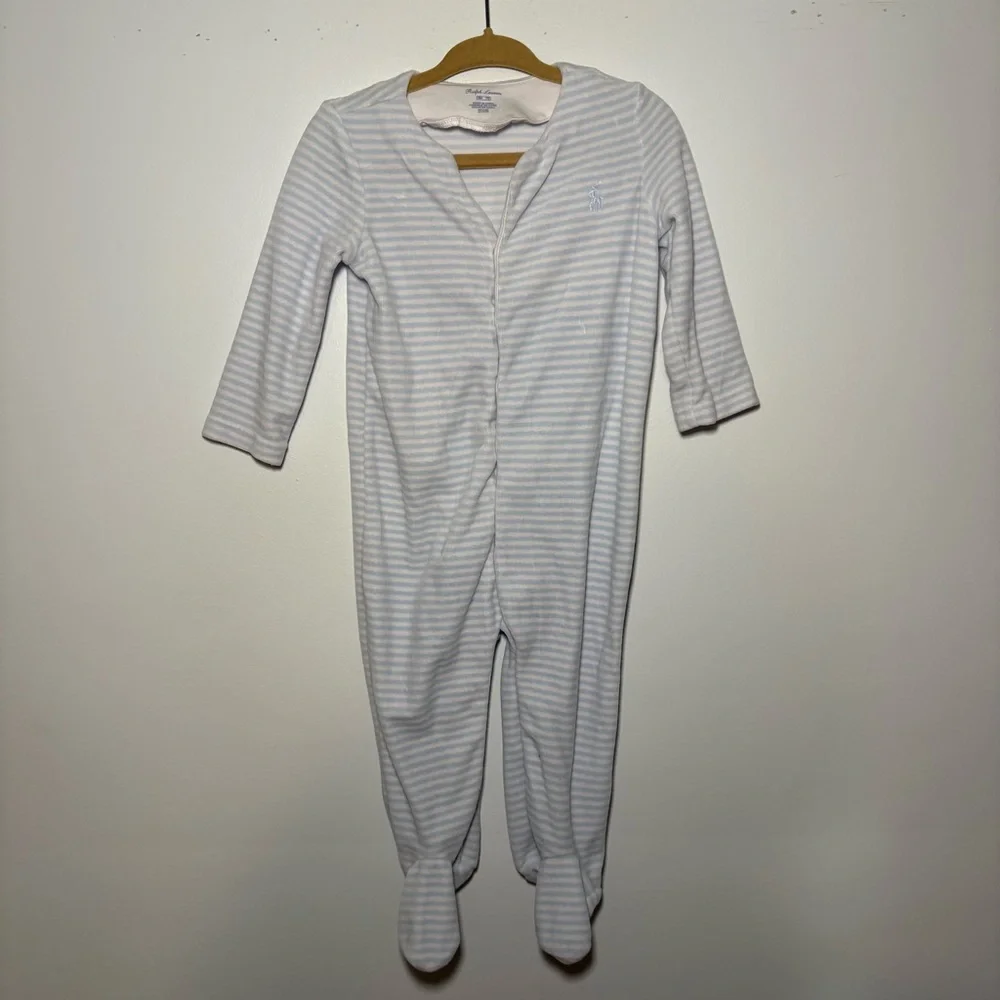 Ralph Lauren Baby One Piece Blue White Striped Velvet Velour 9M Footed Coverall